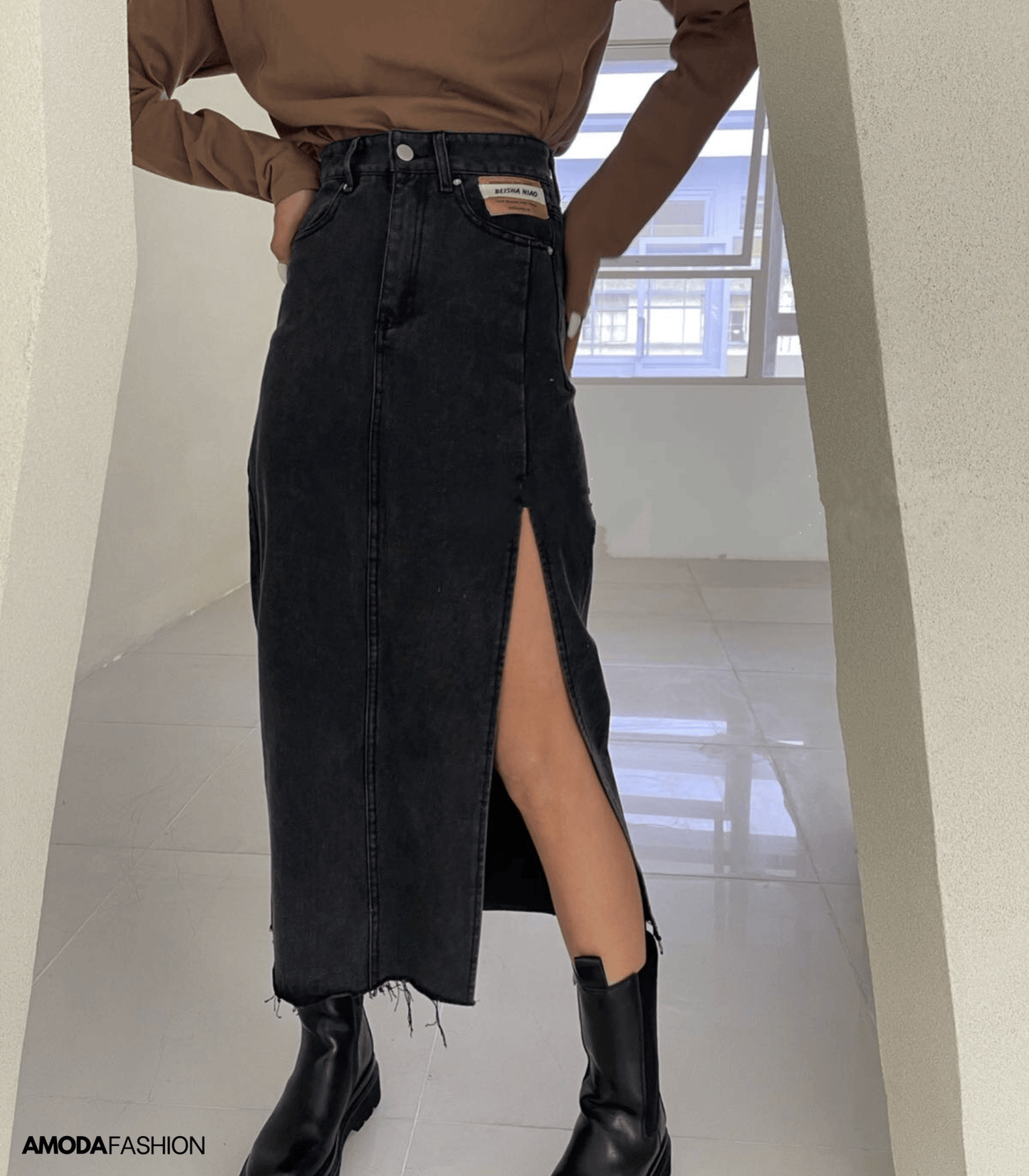 Dam Lång Blyertskjol Hög Midja Denim med Sidospår-1