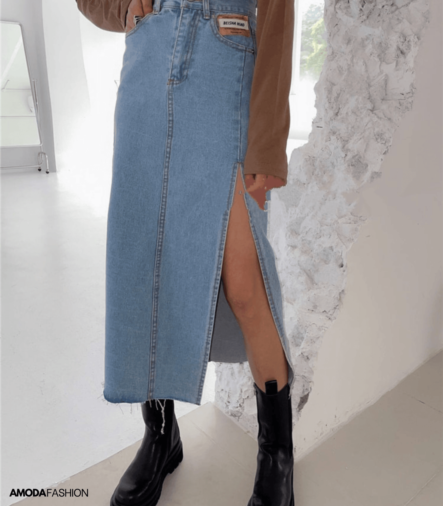 Dam Lång Blyertskjol Hög Midja Denim med Sidospår-2