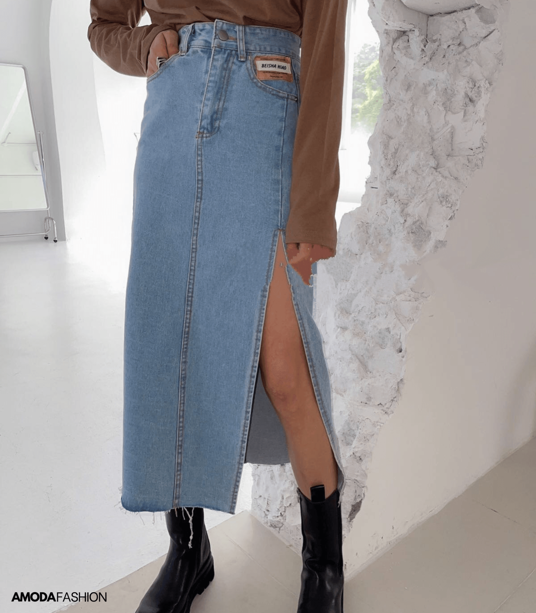Dam Lång Blyertskjol Hög Midja Denim med Sidospår-3