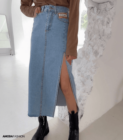 Dam Lång Blyertskjol Hög Midja Denim med Sidospår-3