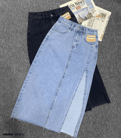 Dam Lång Blyertskjol Hög Midja Denim med Sidospår-5
