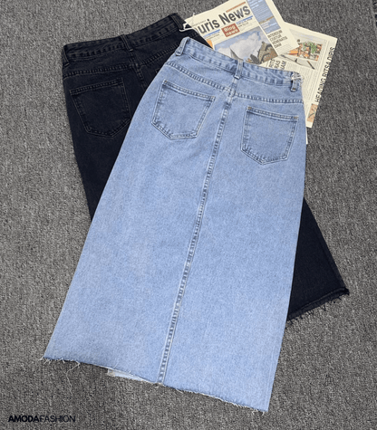 Dam Lång Blyertskjol Hög Midja Denim med Sidospår-6