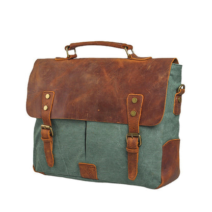 Unisex Axelväska Vintage Bomull Canvas och Läder med Justerbar Axelrem-2