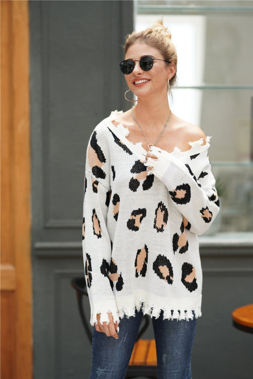 Dam Tröja Långärmad V-Hals Akryl Leopardmönster med Fransar-1