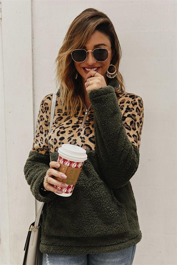 Dam Fleece Pullover Leopardsmönster Mjuk och Bekväm-2