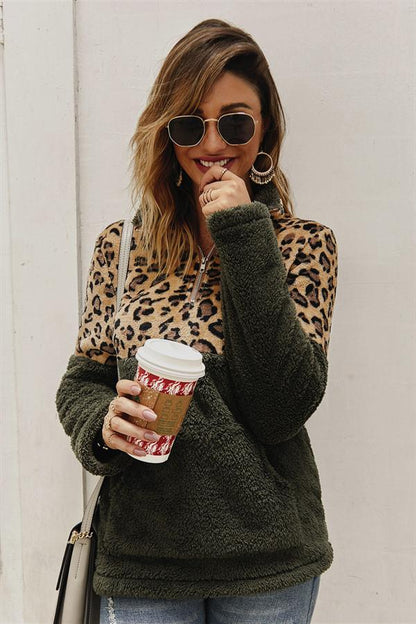 Dam Fleece Pullover Leopardsmönster Mjuk och Bekväm-2
