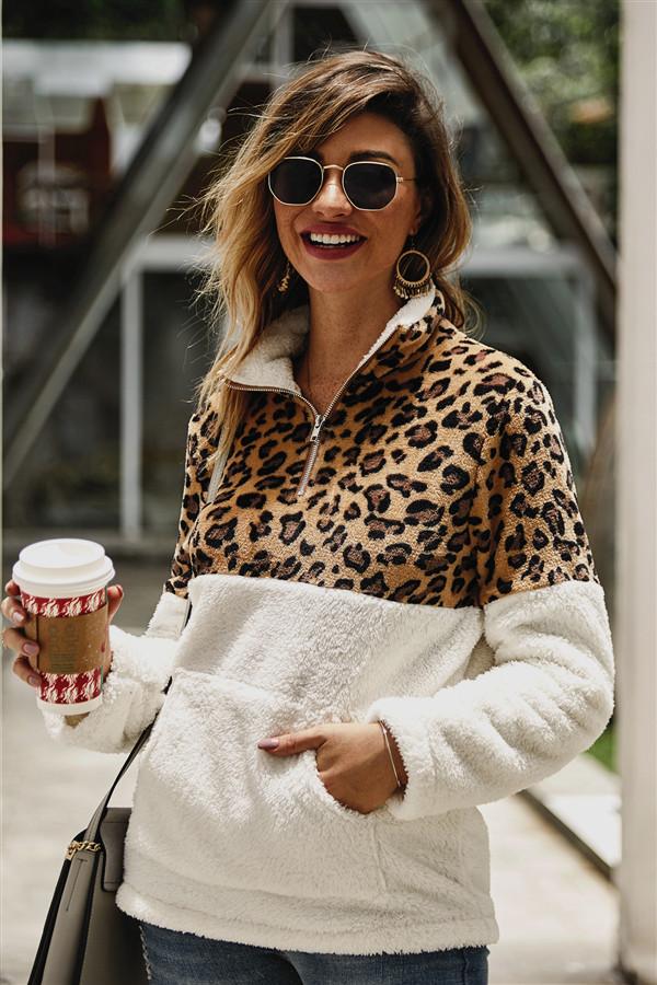 Dam Fleece Pullover Leopardsmönster Mjuk och Bekväm-6