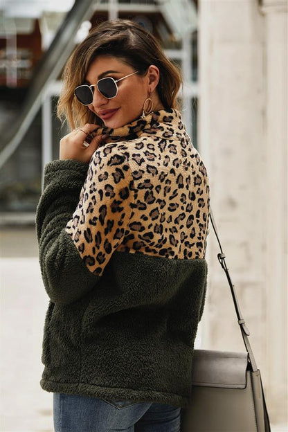 Dam Fleece Pullover Leopardsmönster Mjuk och Bekväm-3