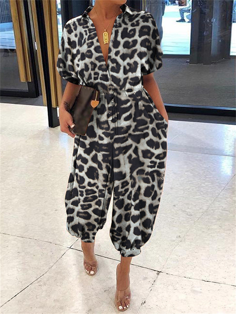 Damer Retro Overalls Leopardmönster Polyester Korta Ärmar-3