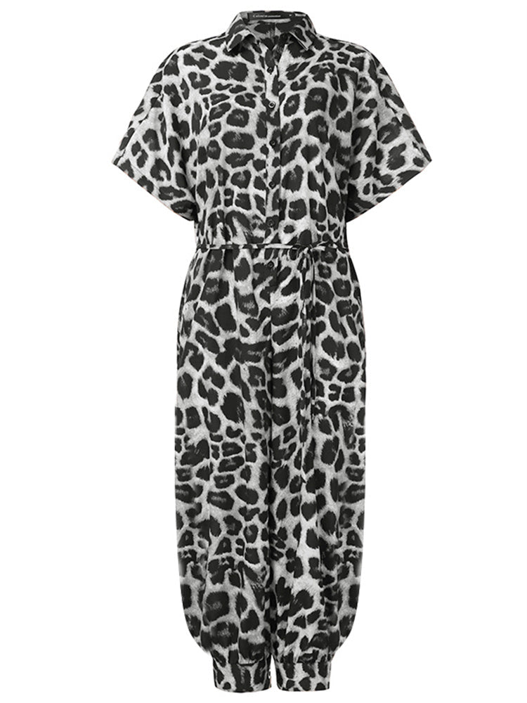 Damer Retro Overalls Leopardmönster Polyester Korta Ärmar-4