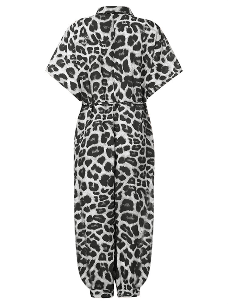 Damer Retro Overalls Leopardmönster Polyester Korta Ärmar-5