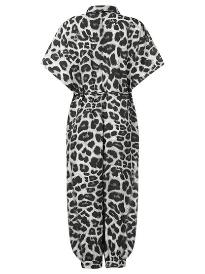 Damer Retro Overalls Leopardmönster Polyester Korta Ärmar-5