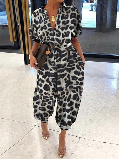Variant image for Damer Retro Overalls Leopardmönster Polyester Korta Ärmar-1