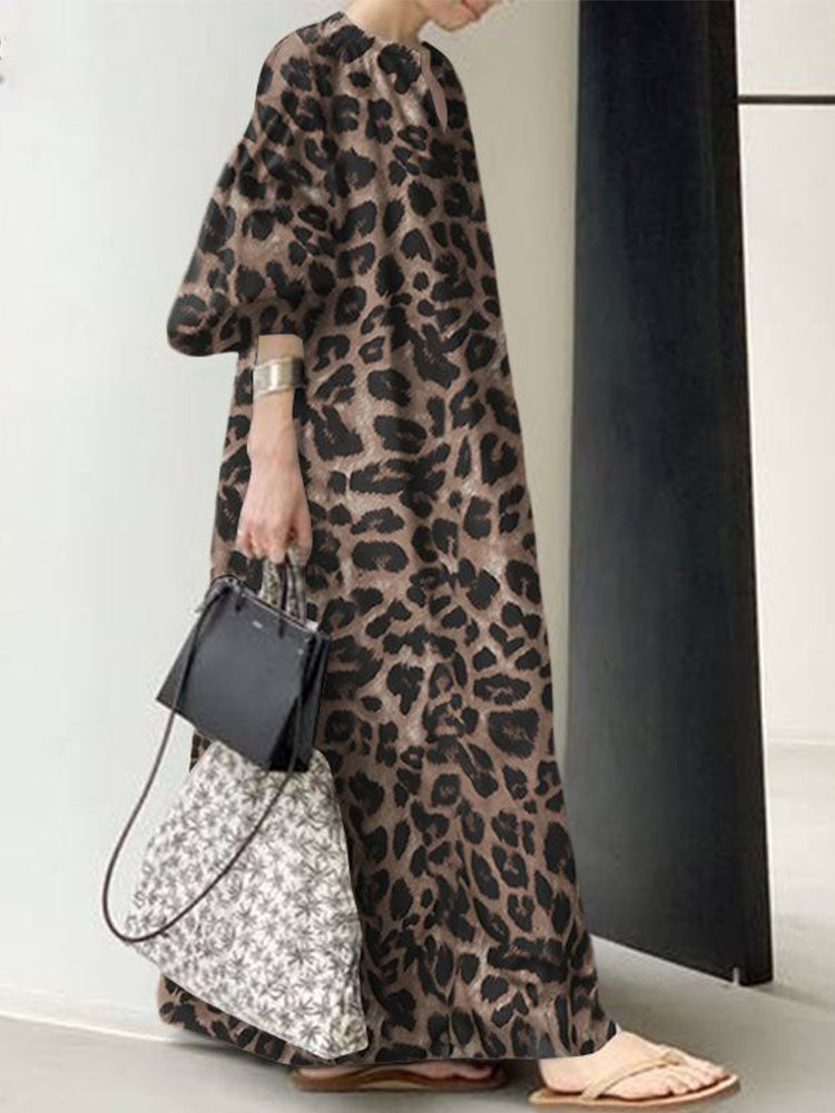 Maxiklänning Dam Leopardmönster Långärmad Polyester V-Ringning-3