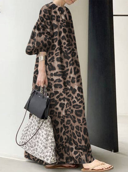 Maxiklänning Dam Leopardmönster Långärmad Polyester V-Ringning-3