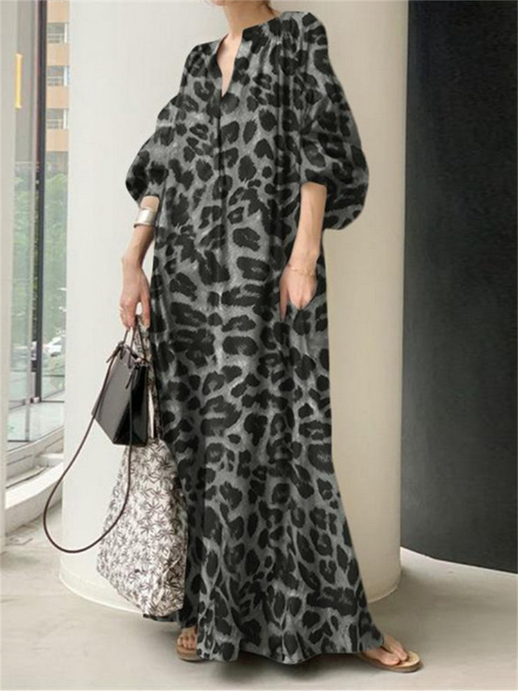 Maxiklänning Dam Leopardmönster Långärmad Polyester V-Ringning-4
