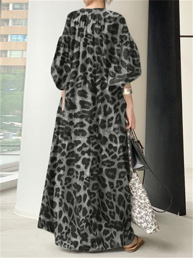 Maxiklänning Dam Leopardmönster Långärmad Polyester V-Ringning-5