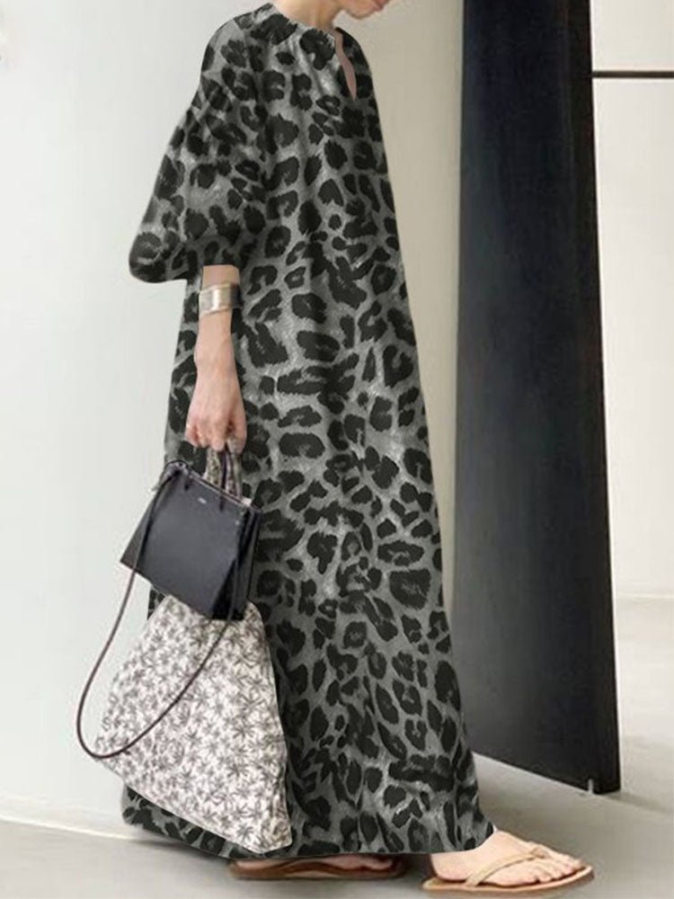 Maxiklänning Dam Leopardmönster Långärmad Polyester V-Ringning-6