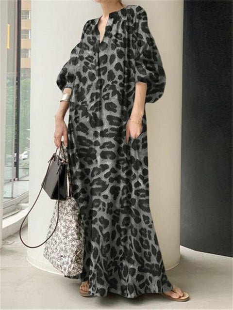 Maxiklänning Dam Leopardmönster Långärmad Polyester V-Ringning-1