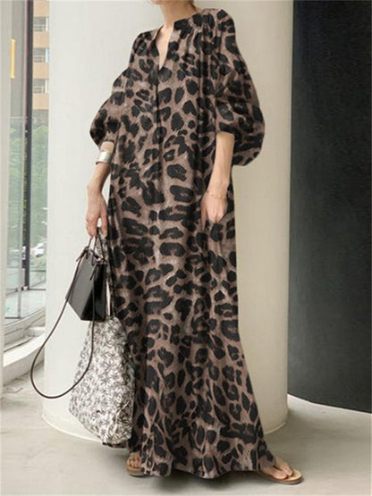 Variant image for Maxiklänning Dam Leopardmönster Långärmad Polyester V-Ringning-8