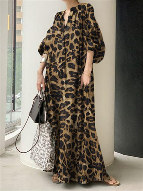 Variant image for Maxiklänning Dam Leopardmönster Långärmad Polyester V-Ringning-15