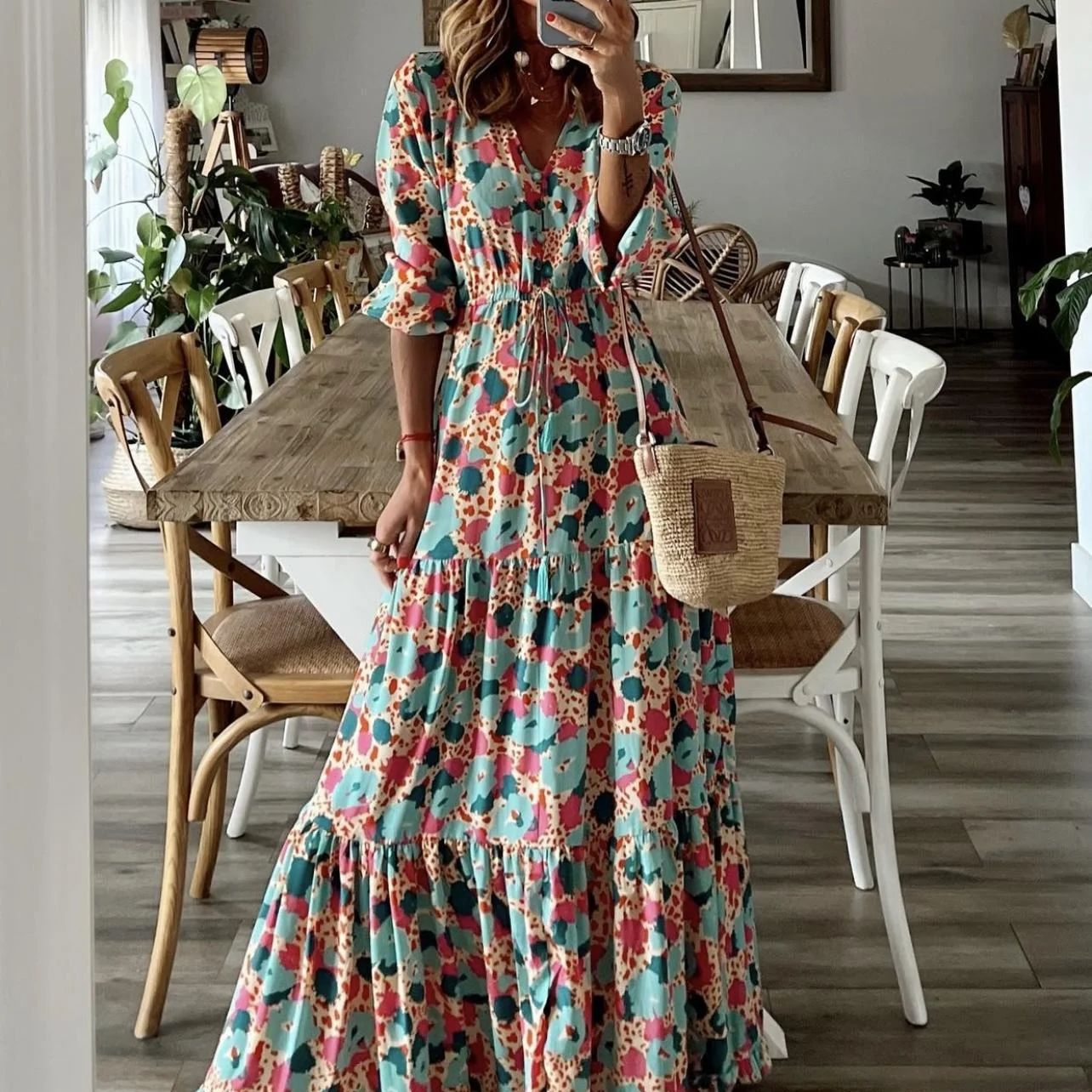 Dam Maxiklänning Långärmad V-ringning Polyester Elegant 4