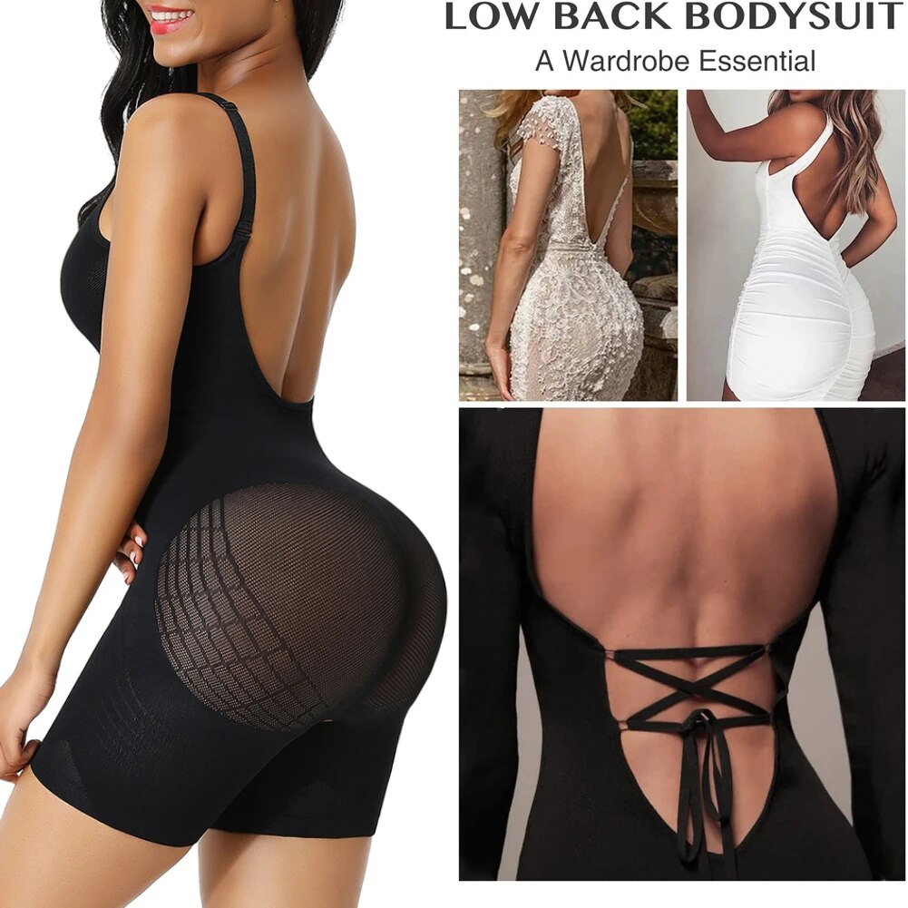 Dam Bodysuit Låg Rygg Justerbara Bärare Nylon Spandex-6