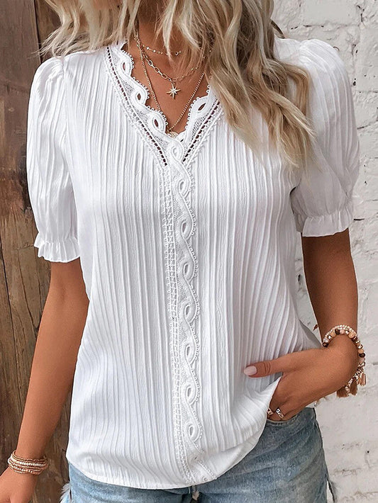 Dam Blus V-hals Puffärmar Polyester - Vit Blus för Elegant Stil-1