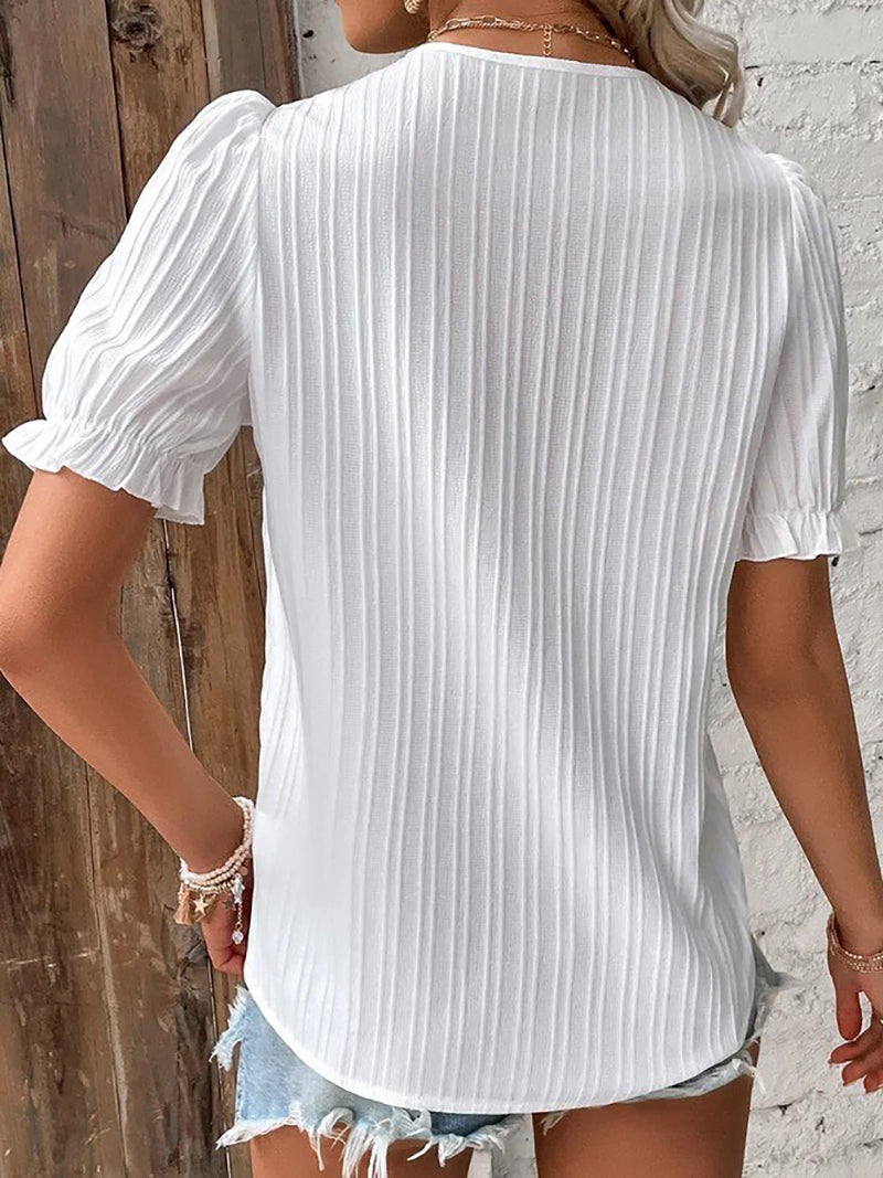 Dam Blus V-hals Puffärmar Polyester - Vit Blus för Elegant Stil-2