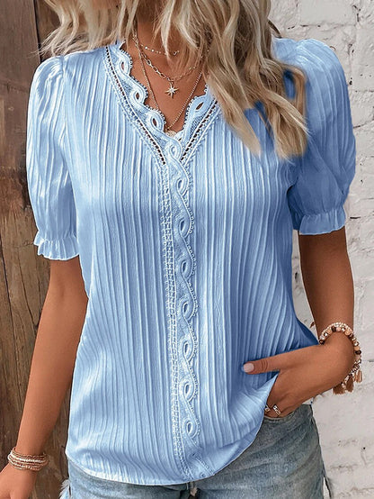 Dam Blus V-hals Puffärmar Polyester - Vit Blus för Elegant Stil-5