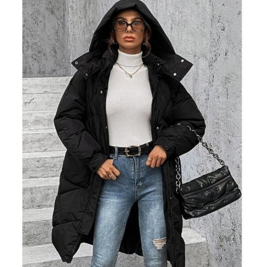 Damjacka Lång Quiltad med Huva Polyester Vinterjacka-1