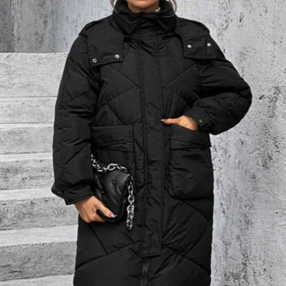 Damjacka Lång Quiltad med Huva Polyester Vinterjacka-5