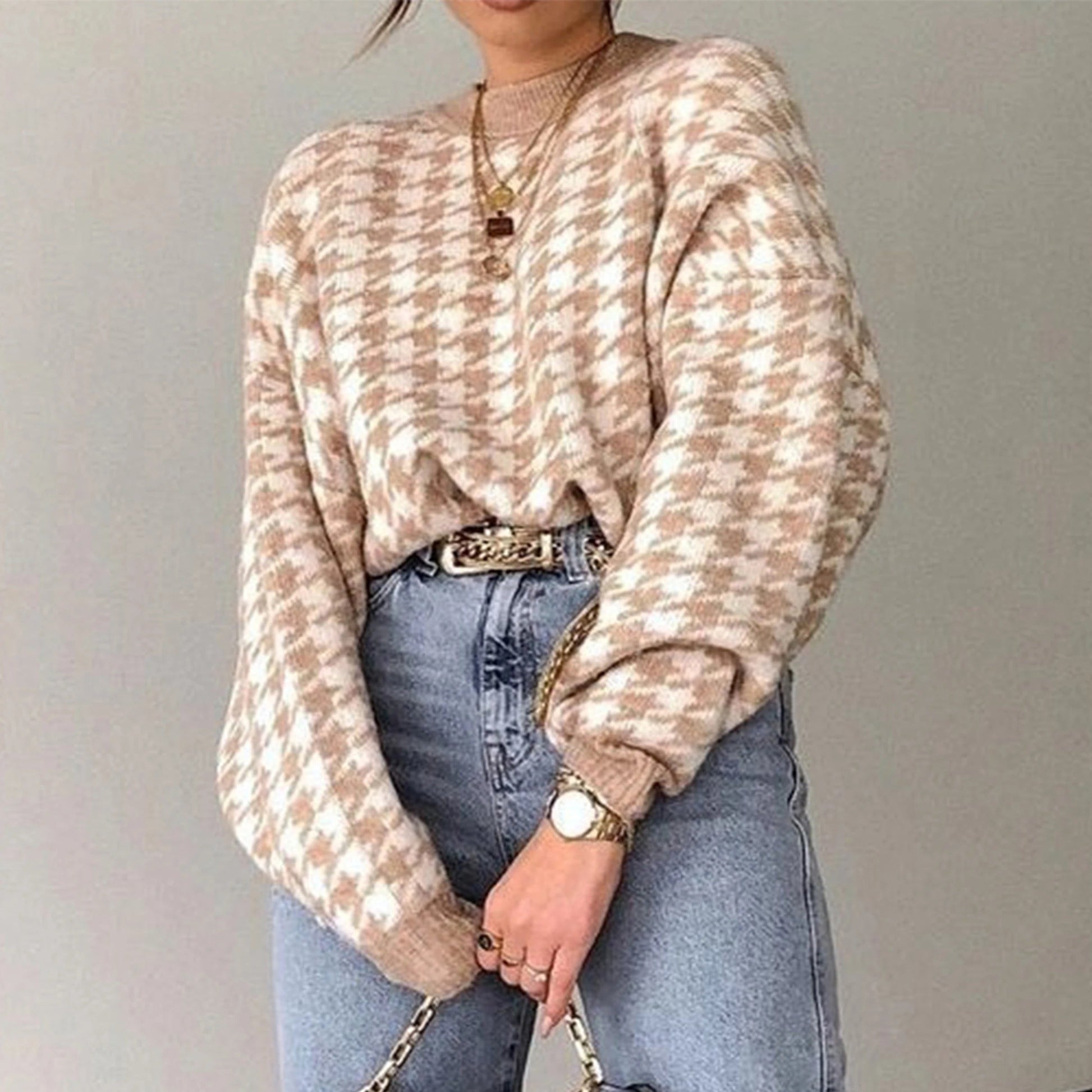 Dam Tröja Rutiga Avslappnad Lätt Material-4