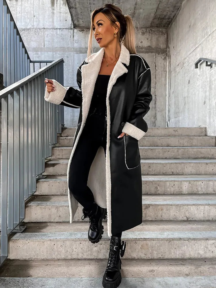 Dam Skinnjacka Med Päls Krage Elegant Läder-2