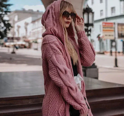 Variant image for Lång Kofta Dam Stickad med Huva för Bekväm och Mångsidig Stil-25