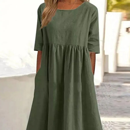 Kvinnlig Midi Klänning Hög Krage Bomull Halvlängdärmar-4