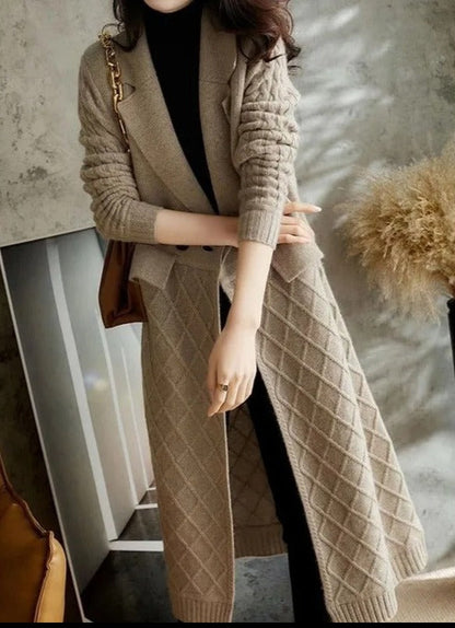 Dam Lång Kofta Cardigan i Ull 100% för Höst och Vinter-3