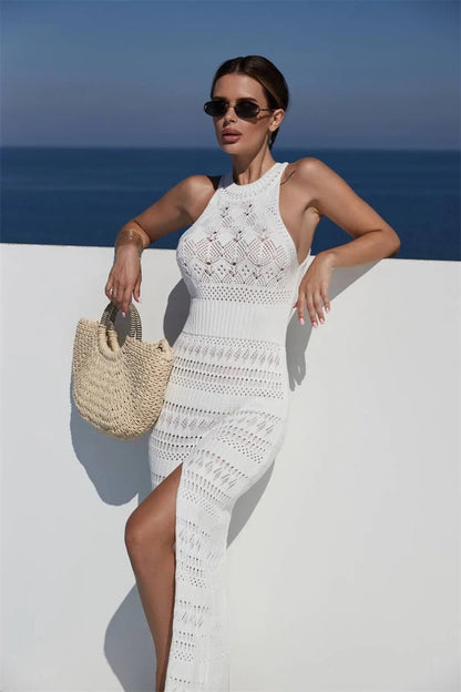 Dam Långklänning Ärmlös Stickad med Hög Slits 3