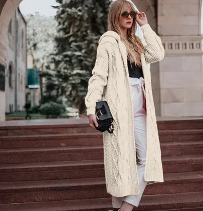 Lång Kofta Dam Stickad med Huva för Bekväm och Mångsidig Stil-4