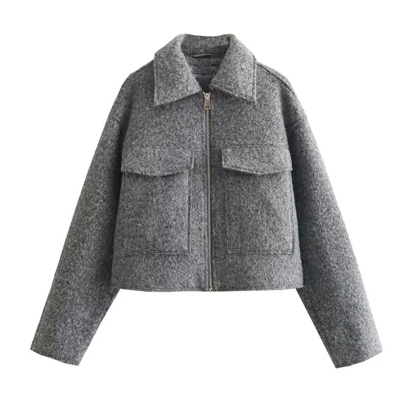 Kort Jacka Dam Trendig Tweed med Blixtlås och Vikta Krage-5