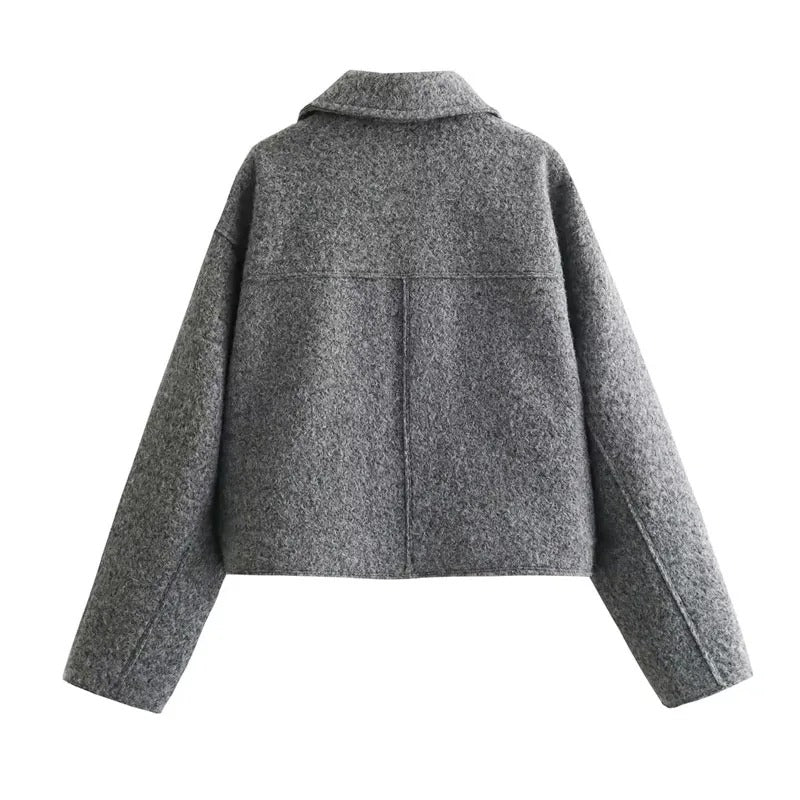 Kort Jacka Dam Trendig Tweed med Blixtlås och Vikta Krage-6