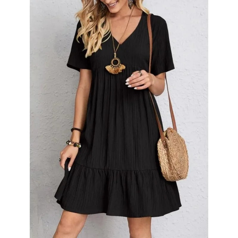 Dam Sommarklänning V-ringning Korta Ärmar Ruffles Lätt Material-4