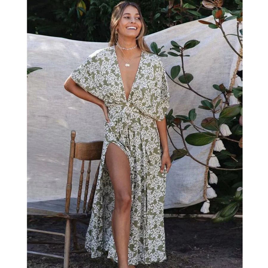 Dam Klänning V-ringning Boho Stil 100% Bomull Fladdrande Silhuett 2