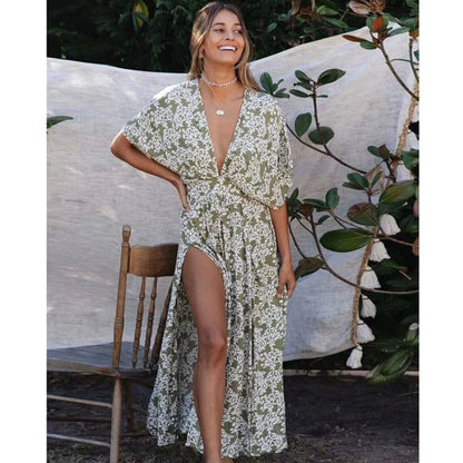 Dam Klänning V-ringning Boho Stil 100% Bomull Fladdrande Silhuett 2