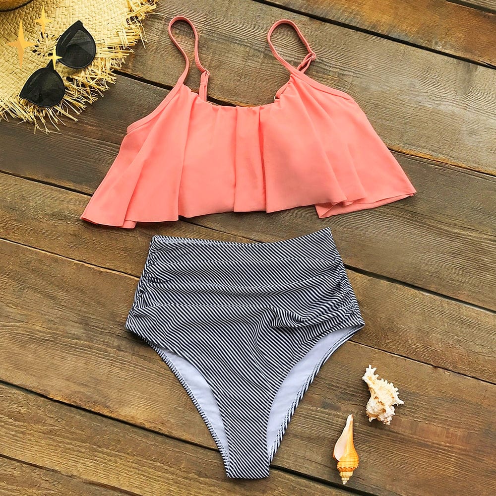 Dam Tankini Set Rüschentop Snabbtorkande Tyg Högklippt Underdel-3