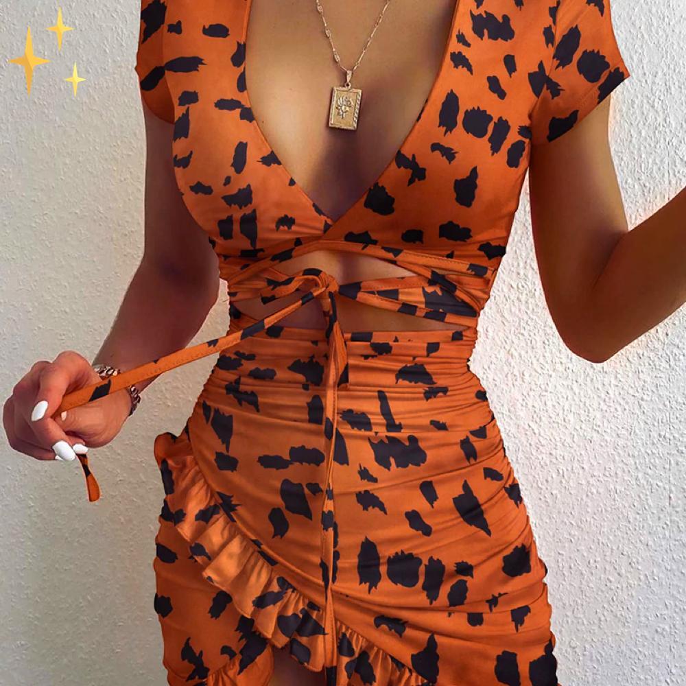 Dam Klänning Mini Wrap V-ringning Ruffles Andningsbart Tyg-3