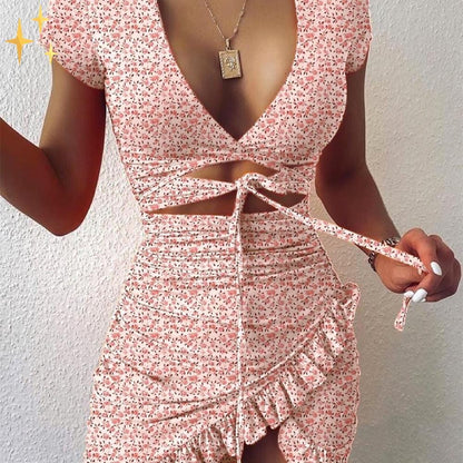 Dam Klänning Mini Wrap V-ringning Ruffles Andningsbart Tyg-4