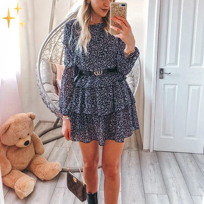 Dam Klänning Mini Blommönster Långa Ärmar Högkvalitativt Tyg-3