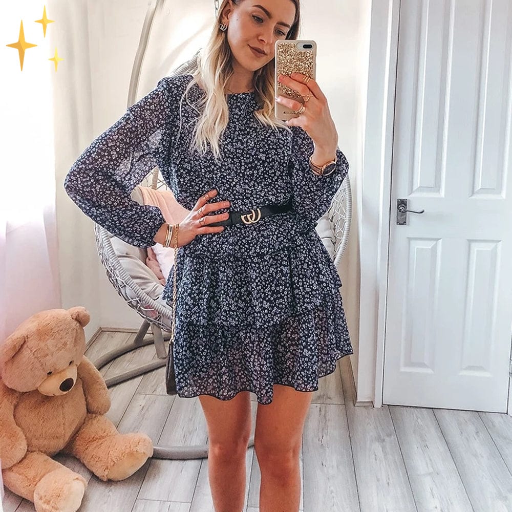 Dam Klänning Mini Blommönster Långa Ärmar Högkvalitativt Tyg-4