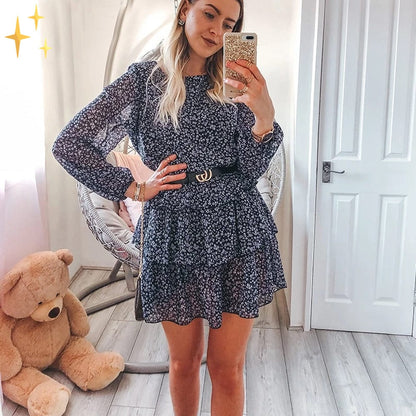 Dam Klänning Mini Blommönster Långa Ärmar Högkvalitativt Tyg-4